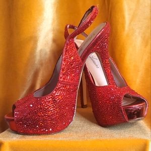 Womens Beautiful Shiny Red Glitter Size 6 Comfortable Platform Heels Pumps